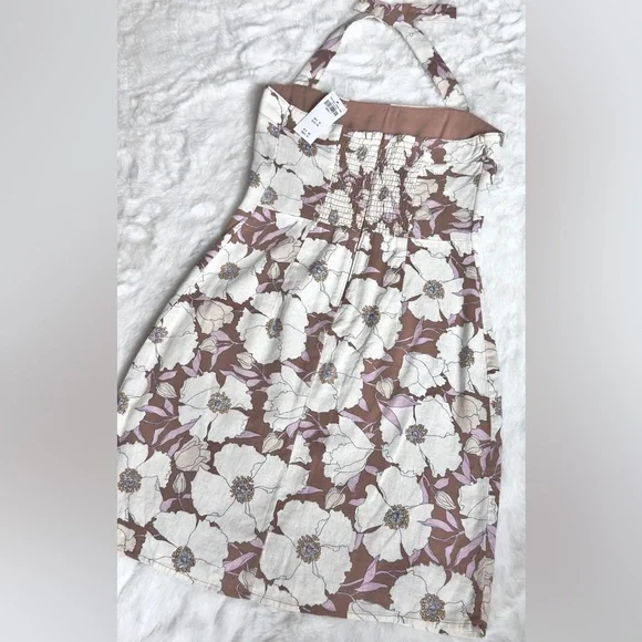 NWT A&F light brown floral print Halter Linen-Blend Mini Dress - Picture 5 of 12